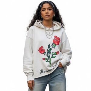 Homme + Femme Cream Rose Design Cotton Unisex Hoodie Size Small